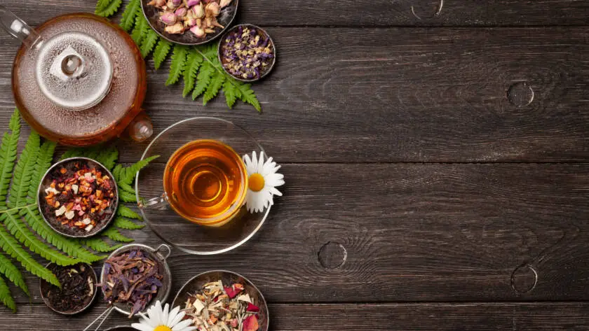 Various herbal tea, teapot and cup