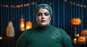 A female dressed as an alien life form, wearing a vibrant green turtleneck and sleek black pants.