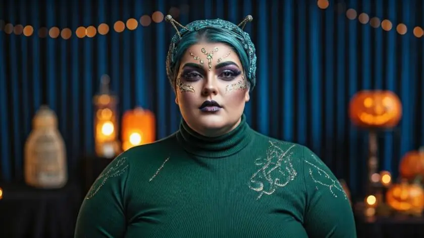 A female dressed as an alien life form, wearing a vibrant green turtleneck and sleek black pants.