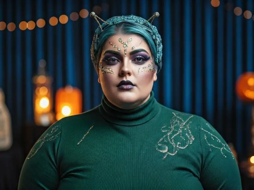 A female dressed as an alien life form, wearing a vibrant green turtleneck and sleek black pants.