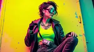 A vibrant cyberpunk costume featuring a neon tank top, a metallic leather jacket, and oversized goggles, set against a futuristic backdrop.