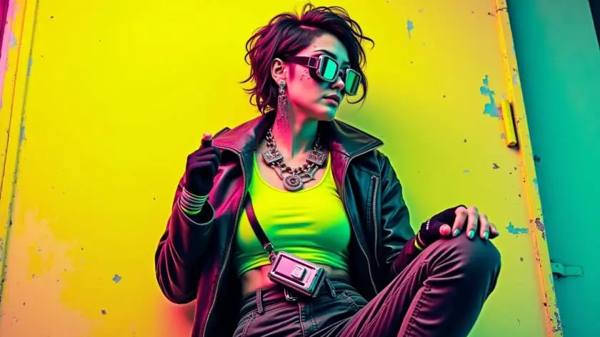 A vibrant cyberpunk costume featuring a neon tank top, a metallic leather jacket, and oversized goggles, set against a futuristic backdrop.
