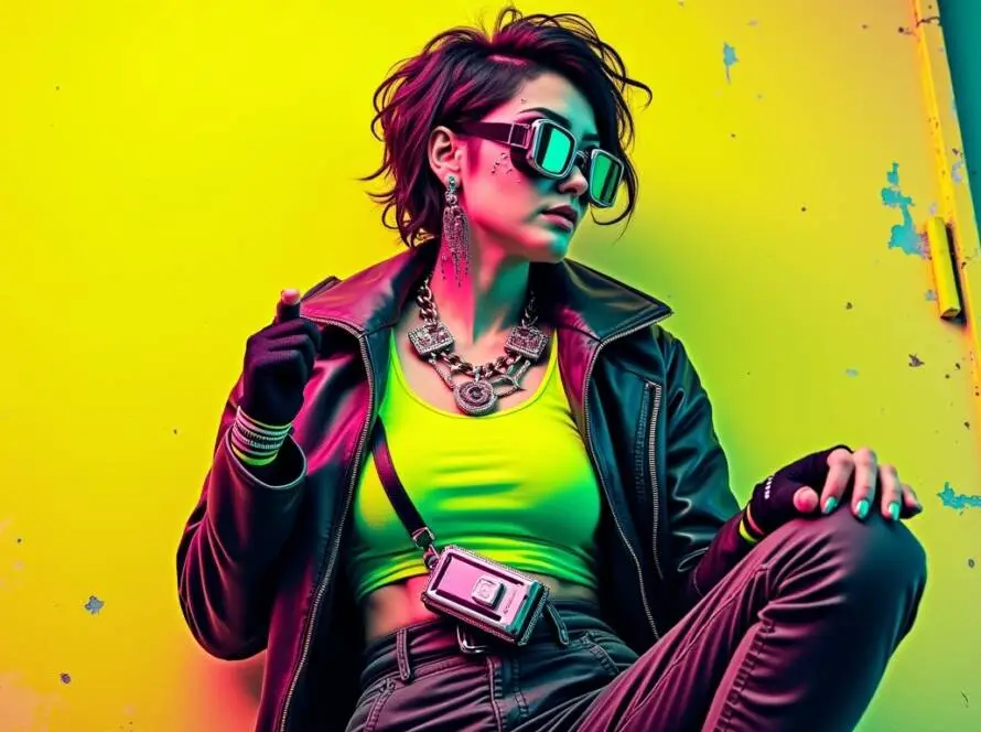 A vibrant cyberpunk costume featuring a neon tank top, a metallic leather jacket, and oversized goggles, set against a futuristic backdrop.