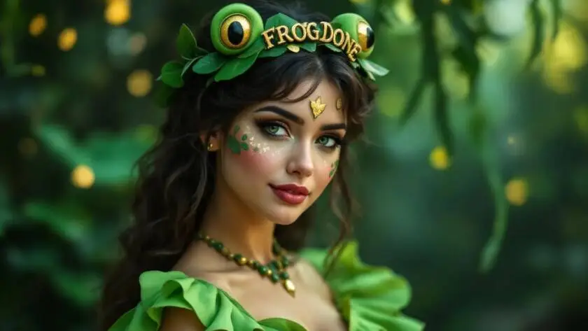 A stylish female character dressed in a playful green outfit, complete with frog-inspired accessories and bold makeup, showcases her independence.