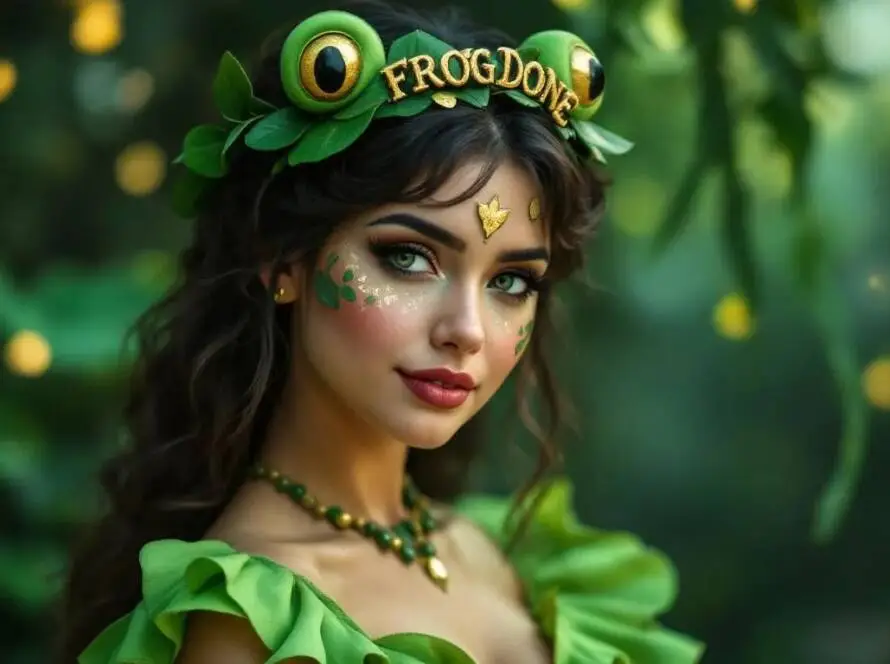 A stylish female character dressed in a playful green outfit, complete with frog-inspired accessories and bold makeup, showcases her independence.