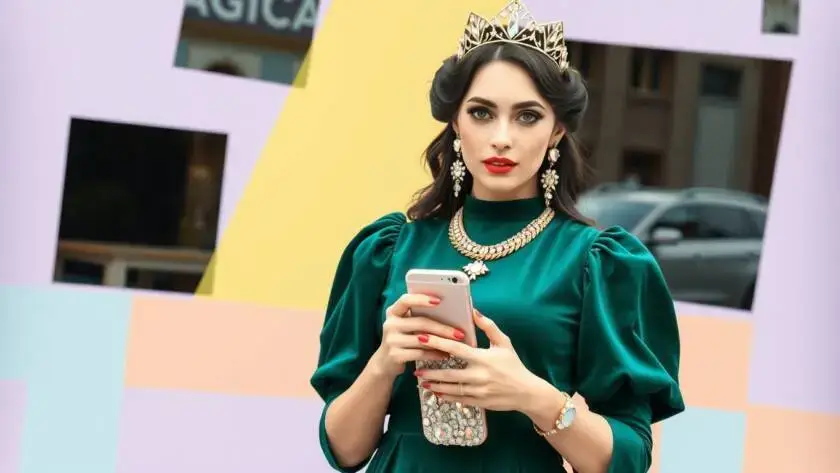 A person dressed as Queen Victoria, blending Victorian fashion with modern influencer style, featuring a regal gown, a stylish crown, and trendy accessories, posing confidently with a smartphone.