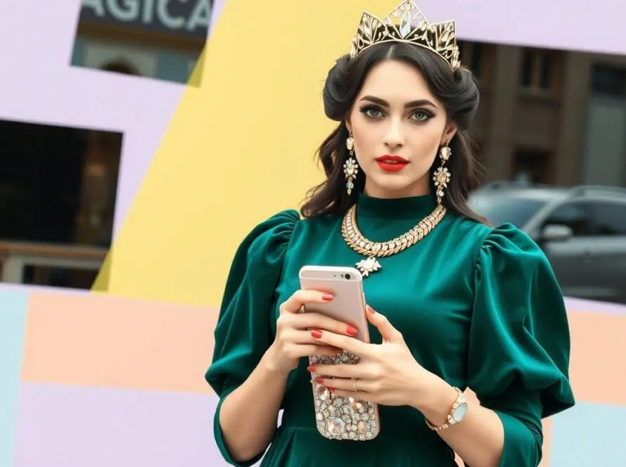 A person dressed as Queen Victoria, blending Victorian fashion with modern influencer style, featuring a regal gown, a stylish crown, and trendy accessories, posing confidently with a smartphone.