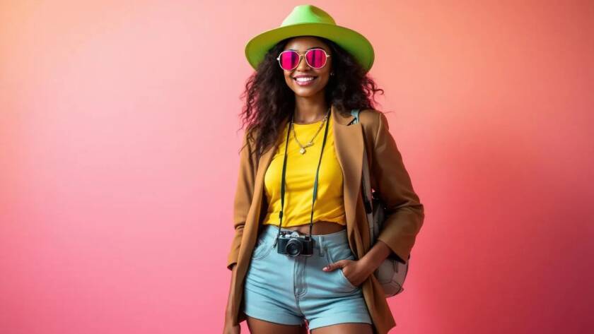 A person styled as 'Vacation Vickie,' with a playful expression that embodies the spirit of a carefree holiday.