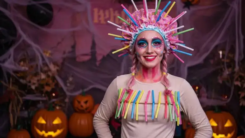 A Halloween costume named 'Vaccine Vickie' featuring a character in a light-colored long-sleeve shirt decorated with colorful cardboard pins of various lengths. She wears a vibrant shower cap adorned with smaller cardboard pins sticking out.