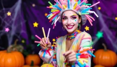 A Halloween costume named 'Vaccine Vickie' featuring a character in a light-colored long-sleeve shirt decorated with colorful cardboard pins of various lengths. She wears a vibrant shower cap adorned with smaller cardboard pins sticking out.