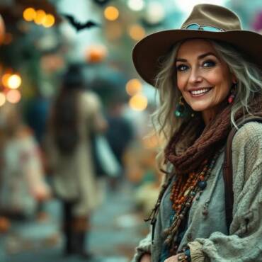 A woman dressed as Vagabond Vickie, wearing layered mismatched clothing in earthy tones and rugged boots.