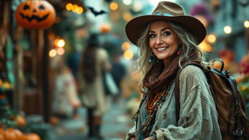 A woman dressed as Vagabond Vickie, wearing layered mismatched clothing in earthy tones and rugged boots.