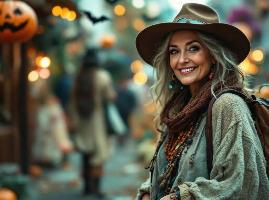 A woman dressed as Vagabond Vickie, wearing layered mismatched clothing in earthy tones and rugged boots.