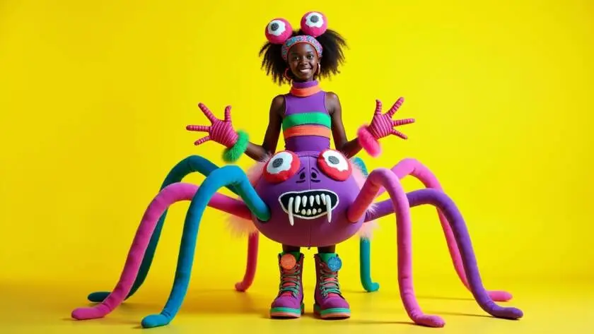 The costume combines the iconic elements of Venom with the whimsical features of a colorful spider, creating a vibrant and playful Halloween look.