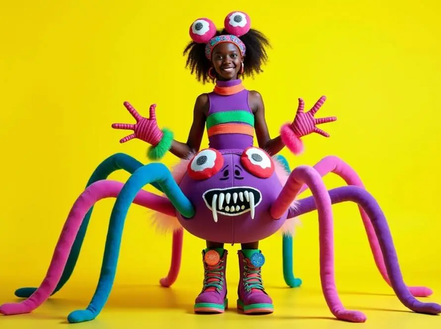 The costume combines the iconic elements of Venom with the whimsical features of a colorful spider, creating a vibrant and playful Halloween look.