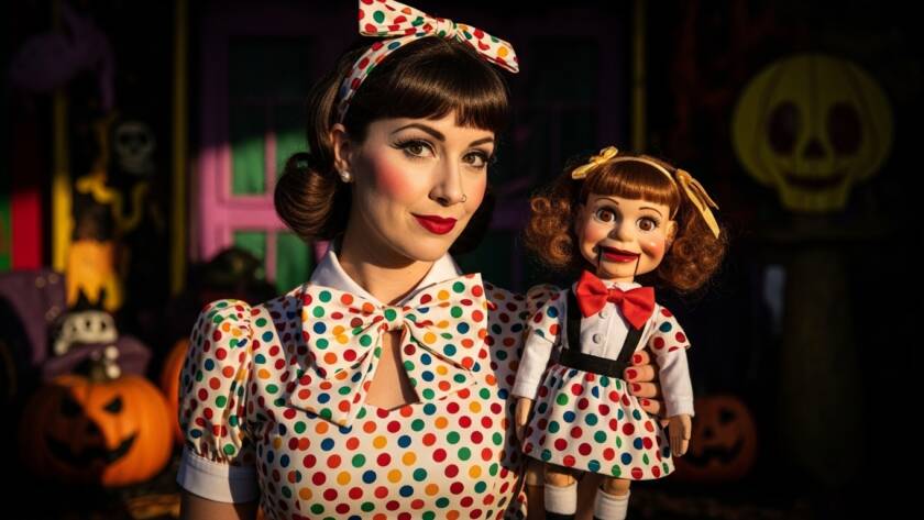 Ventriloquist Vickie costume featuring a vintage-style polka dot dress, a large bow tie, and doll-like makeup