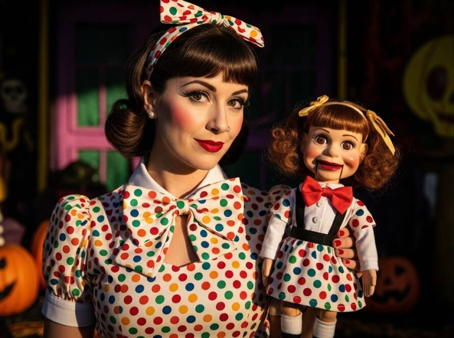Ventriloquist Vickie costume featuring a vintage-style polka dot dress, a large bow tie, and doll-like makeup