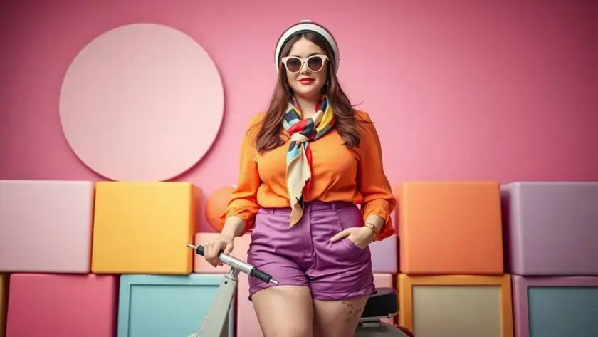 A person dressed in a retro-inspired Halloween costume, featuring a fitted blouse, high-waisted shorts, and colorful accessories, embodying the spirit of Vespa Vickie.