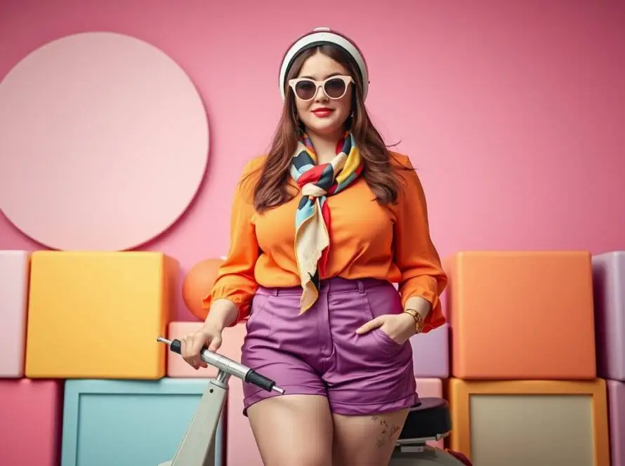 A person dressed in a retro-inspired Halloween costume, featuring a fitted blouse, high-waisted shorts, and colorful accessories, embodying the spirit of Vespa Vickie.