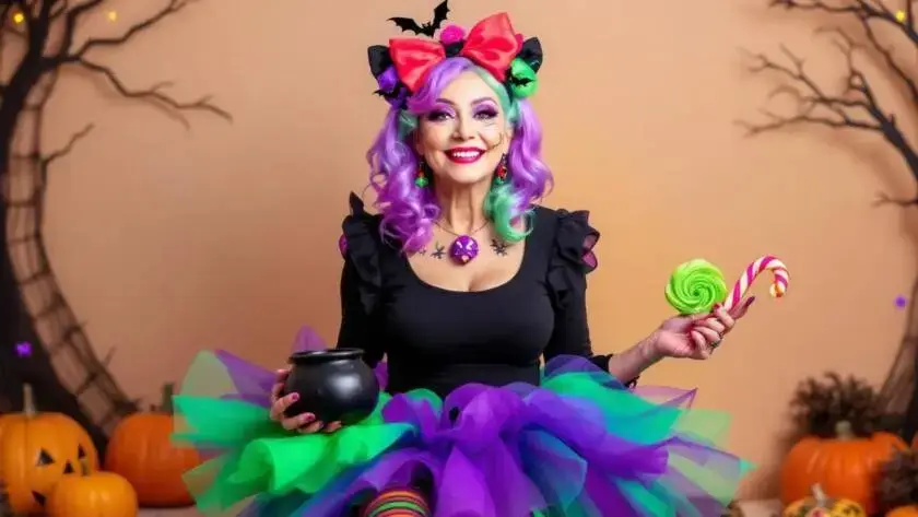 A whimsical Halloween costume inspired by "Vexing Vickie." The character wears a fitted black top with ruffled sleeves and a layered tulle skirt in vibrant purple and green.