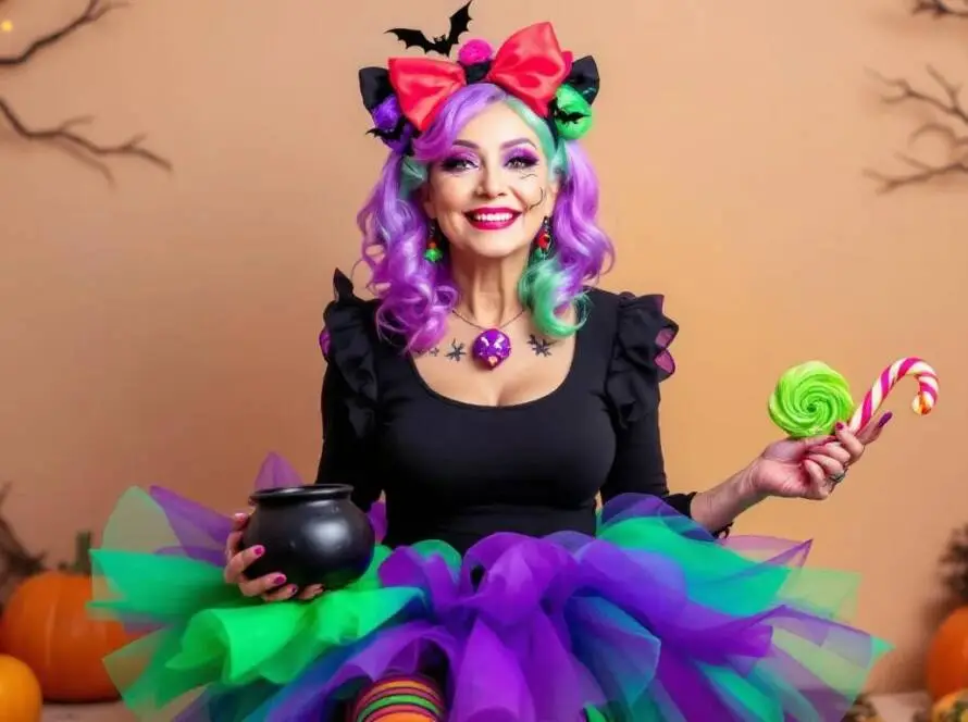 A whimsical Halloween costume inspired by "Vexing Vickie." The character wears a fitted black top with ruffled sleeves and a layered tulle skirt in vibrant purple and green.