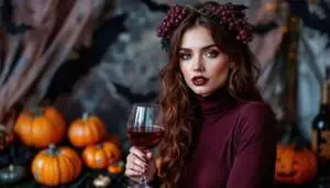 Vino Vickie is a woman dressed in a deep burgundy dress that resembles red wine, accessorized with grapevine elements.