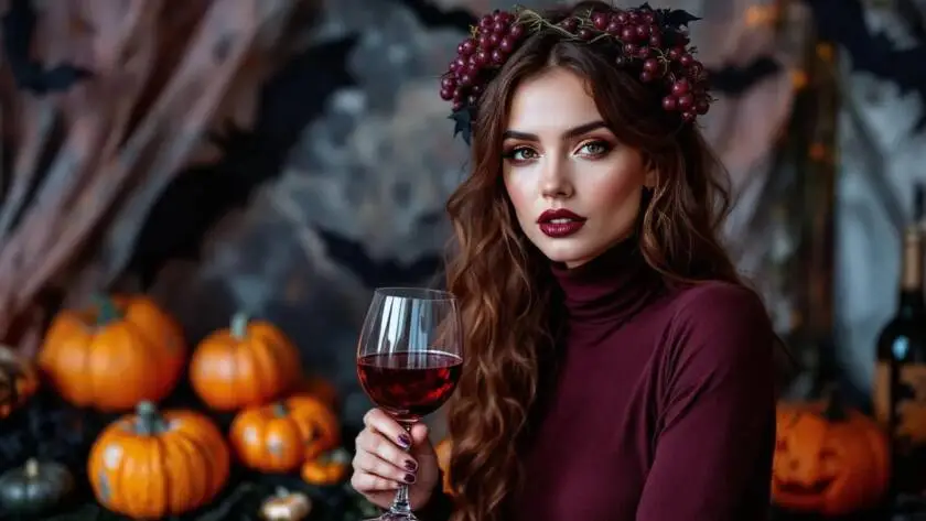 Vino Vickie is a woman dressed in a deep burgundy dress that resembles red wine, accessorized with grapevine elements.