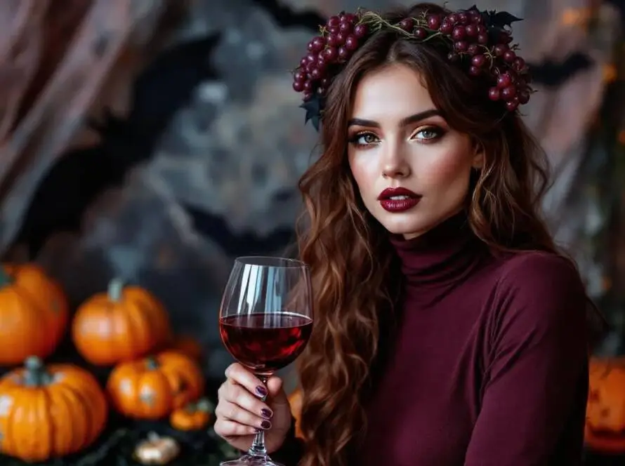 Vino Vickie is a woman dressed in a deep burgundy dress that resembles red wine, accessorized with grapevine elements.
