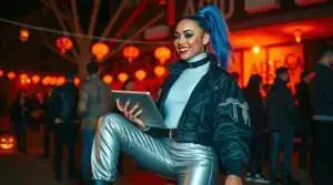 Virtual Vickie, a futuristic character in a metallic bodysuit with iridescent colors and LED-embedded leggings.