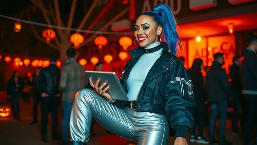 Virtual Vickie, a futuristic character in a metallic bodysuit with iridescent colors and LED-embedded leggings.