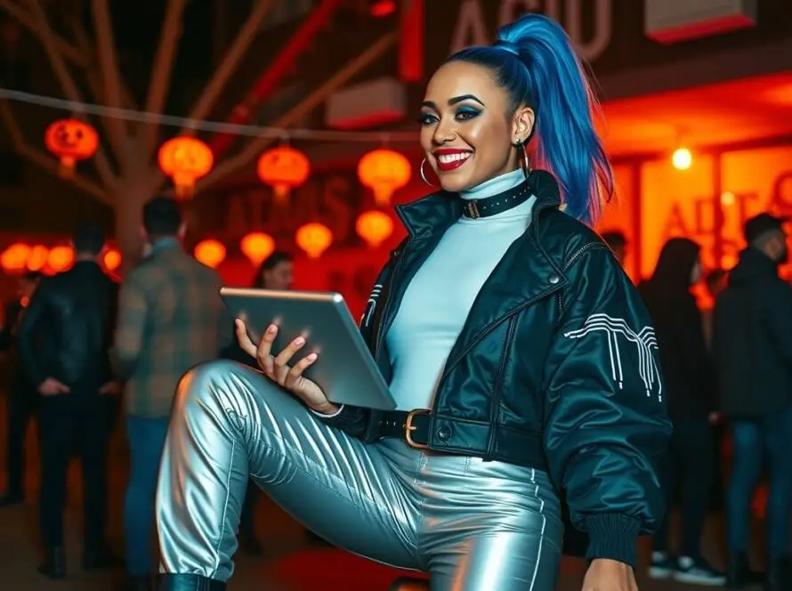Virtual Vickie, a futuristic character in a metallic bodysuit with iridescent colors and LED-embedded leggings.