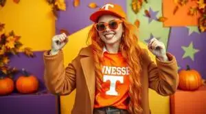 Volunteer Vickie's costume features orange and white Tennessee Volunteers apparel, showcasing team spirit.