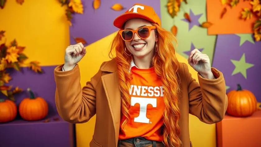 Volunteer Vickie's costume features orange and white Tennessee Volunteers apparel, showcasing team spirit.