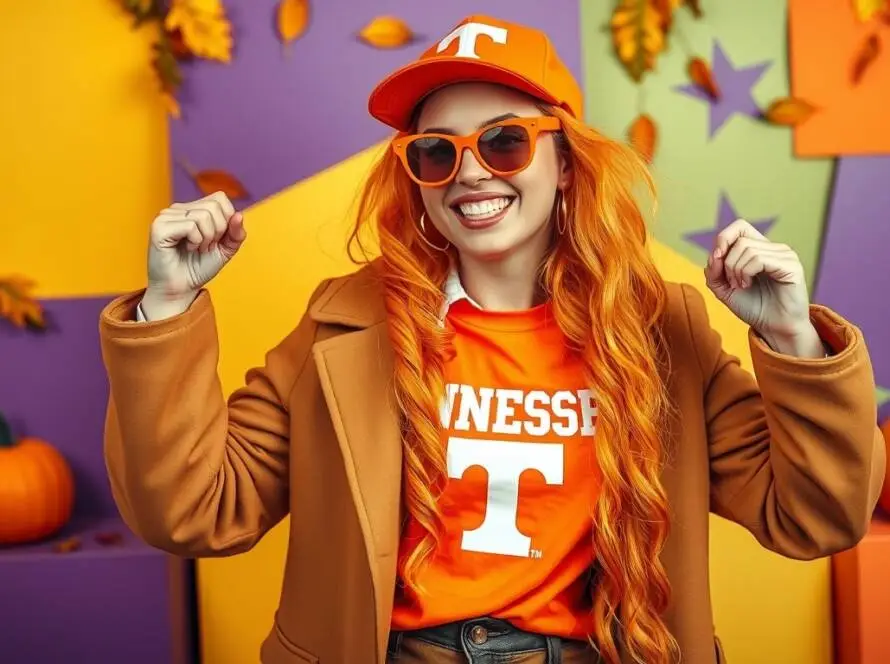 Volunteer Vickie's costume features orange and white Tennessee Volunteers apparel, showcasing team spirit.