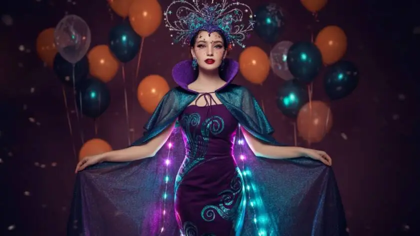A whimsical character named Vortex Vickie poses showcasing her enchanting costume.