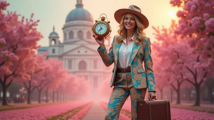 An illustration of 'Voyage Vickie,' a vintage time traveler, wearing a colorful 1970s-inspired pantsuit with flared trousers and a fitted blazer.