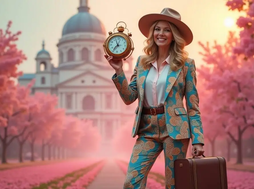 An illustration of 'Voyage Vickie,' a vintage time traveler, wearing a colorful 1970s-inspired pantsuit with flared trousers and a fitted blazer.