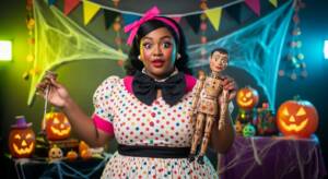 Ventriloquist Vickie costume featuring a vintage-style polka dot dress, a large bow tie, and doll-like makeup