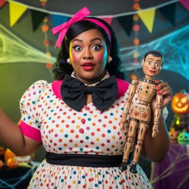 Ventriloquist Vickie costume featuring a vintage-style polka dot dress, a large bow tie, and doll-like makeup