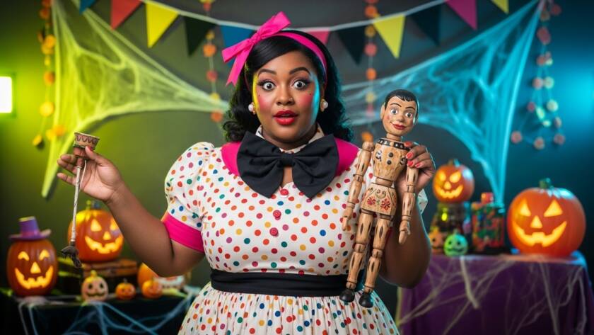 Ventriloquist Vickie costume featuring a vintage-style polka dot dress, a large bow tie, and doll-like makeup