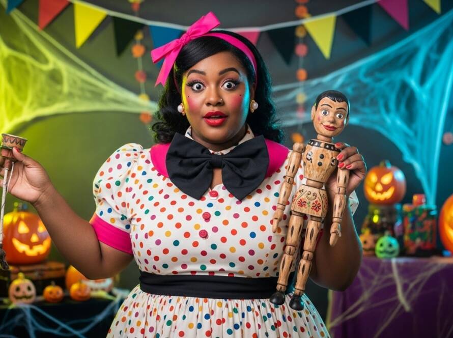 Ventriloquist Vickie costume featuring a vintage-style polka dot dress, a large bow tie, and doll-like makeup