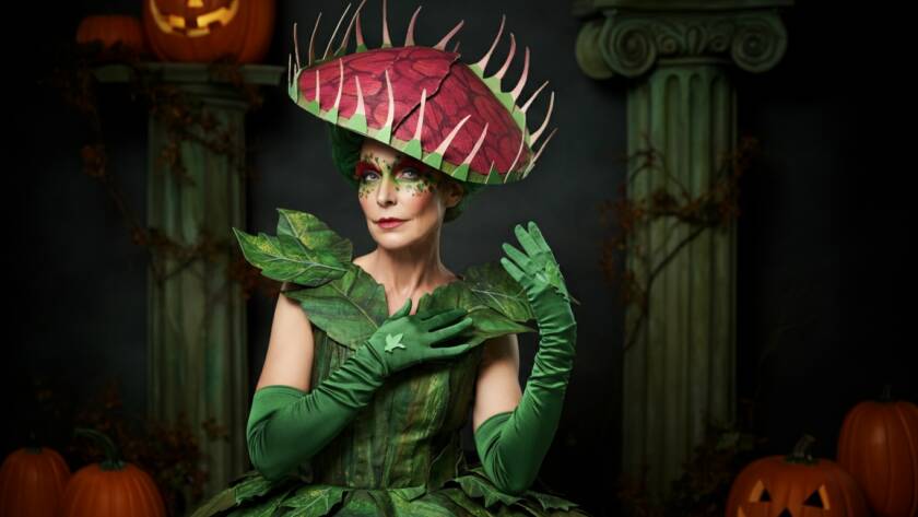 Costume design of Venus Fly Trap Vickie, featuring a vibrant green dress with leaf patterns, long green gloves resembling plant stems, and a headpiece shaped like the open jaws of a Venus flytrap with red and pink inner petals.