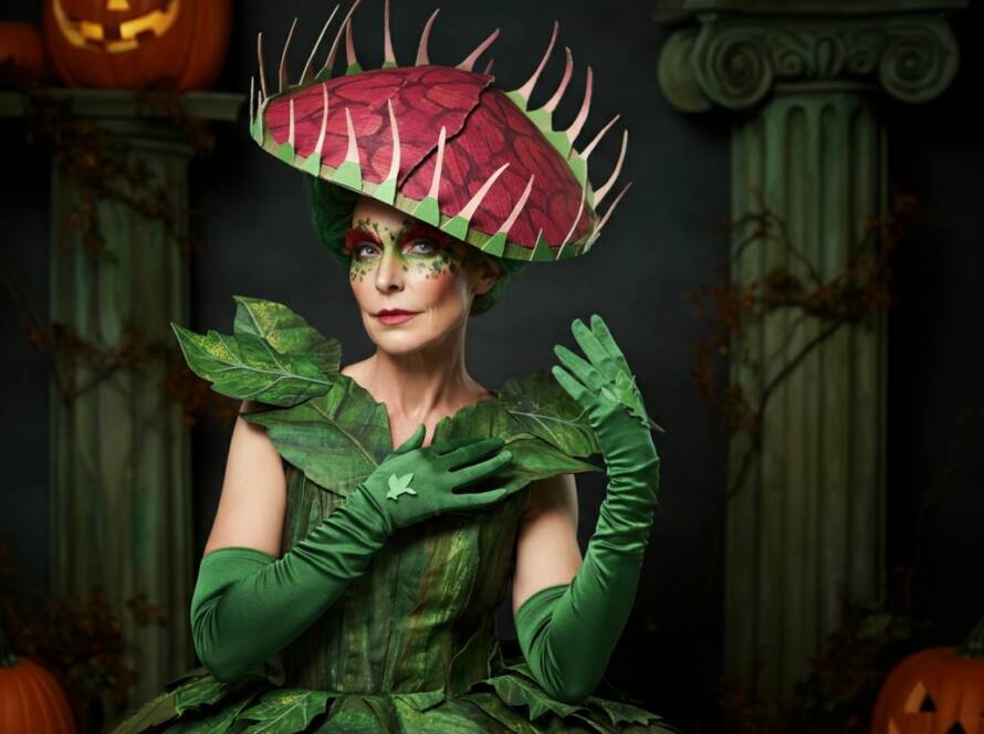 Costume design of Venus Fly Trap Vickie, featuring a vibrant green dress with leaf patterns, long green gloves resembling plant stems, and a headpiece shaped like the open jaws of a Venus flytrap with red and pink inner petals.