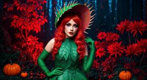 Costume design of Venus Fly Trap Vickie, featuring a vibrant green dress with leaf patterns, long green gloves resembling plant stems, and a headpiece shaped like the open jaws of a Venus flytrap with red and pink inner petals.