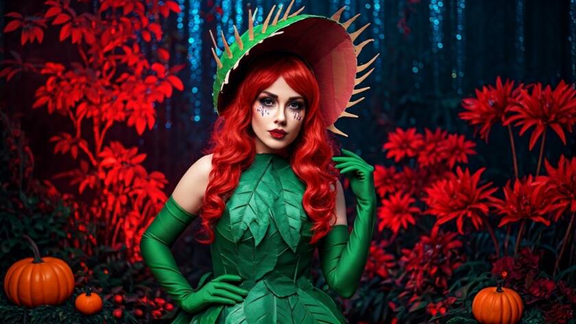 Costume design of Venus Fly Trap Vickie, featuring a vibrant green dress with leaf patterns, long green gloves resembling plant stems, and a headpiece shaped like the open jaws of a Venus flytrap with red and pink inner petals.