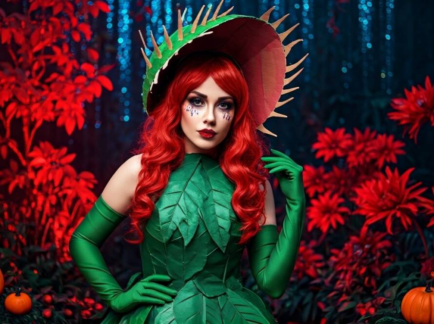 Costume design of Venus Fly Trap Vickie, featuring a vibrant green dress with leaf patterns, long green gloves resembling plant stems, and a headpiece shaped like the open jaws of a Venus flytrap with red and pink inner petals.