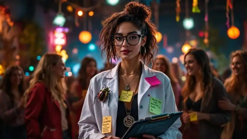 At a lively Halloween party, a female character embodies the spirit of InfoStarBase The Debugger with a playful and creative costume.