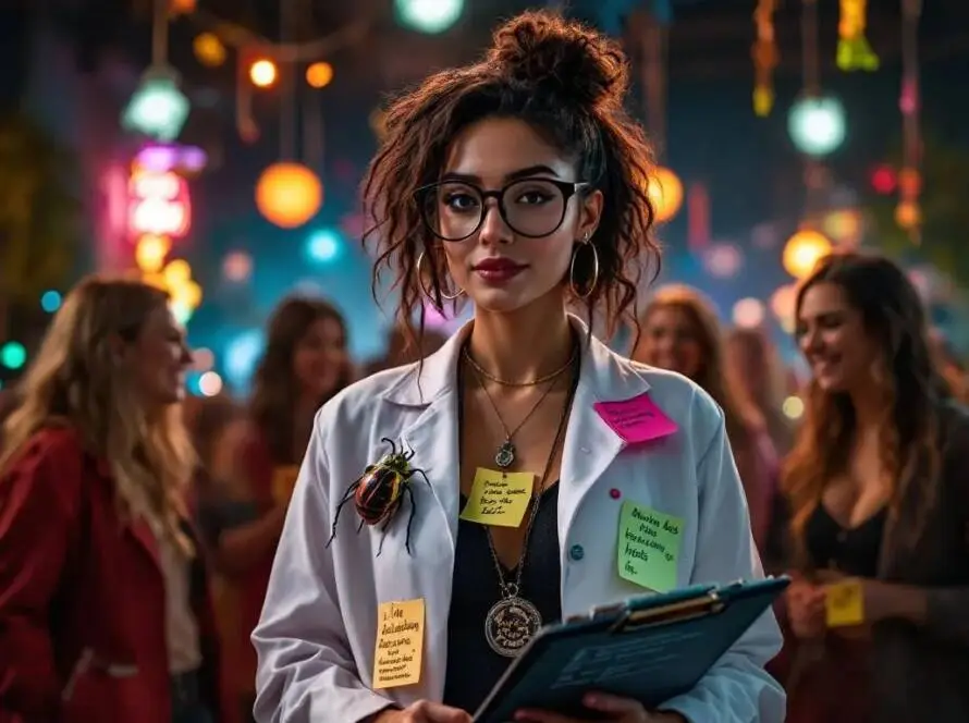 At a lively Halloween party, a female character embodies the spirit of InfoStarBase The Debugger with a playful and creative costume.