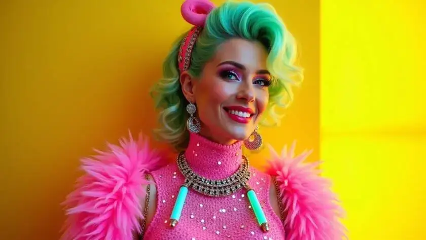 Vegas Vickie, wearing a bright pink dress, oversized jewelry, and a headpiece.