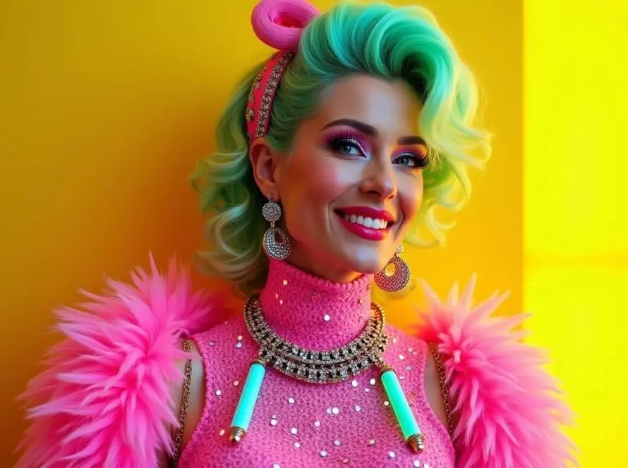 Vegas Vickie, wearing a bright pink dress, oversized jewelry, and a headpiece.